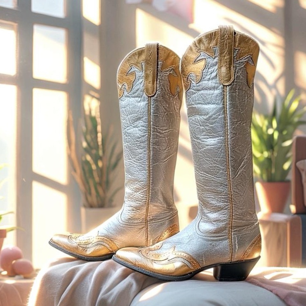 Women’s Size 7 M - Tony Lama Vintage Tall Cowboy Western Boots Silver And Gold
